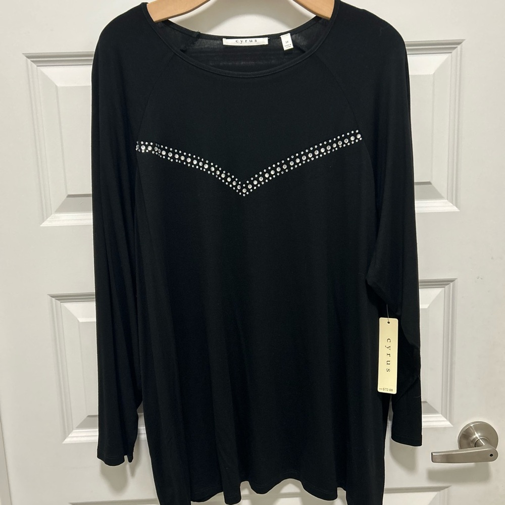 Cyrus  Black Long Sleeve Tee Shirt Plus with Rhinestone Accents NWT! Ret $99